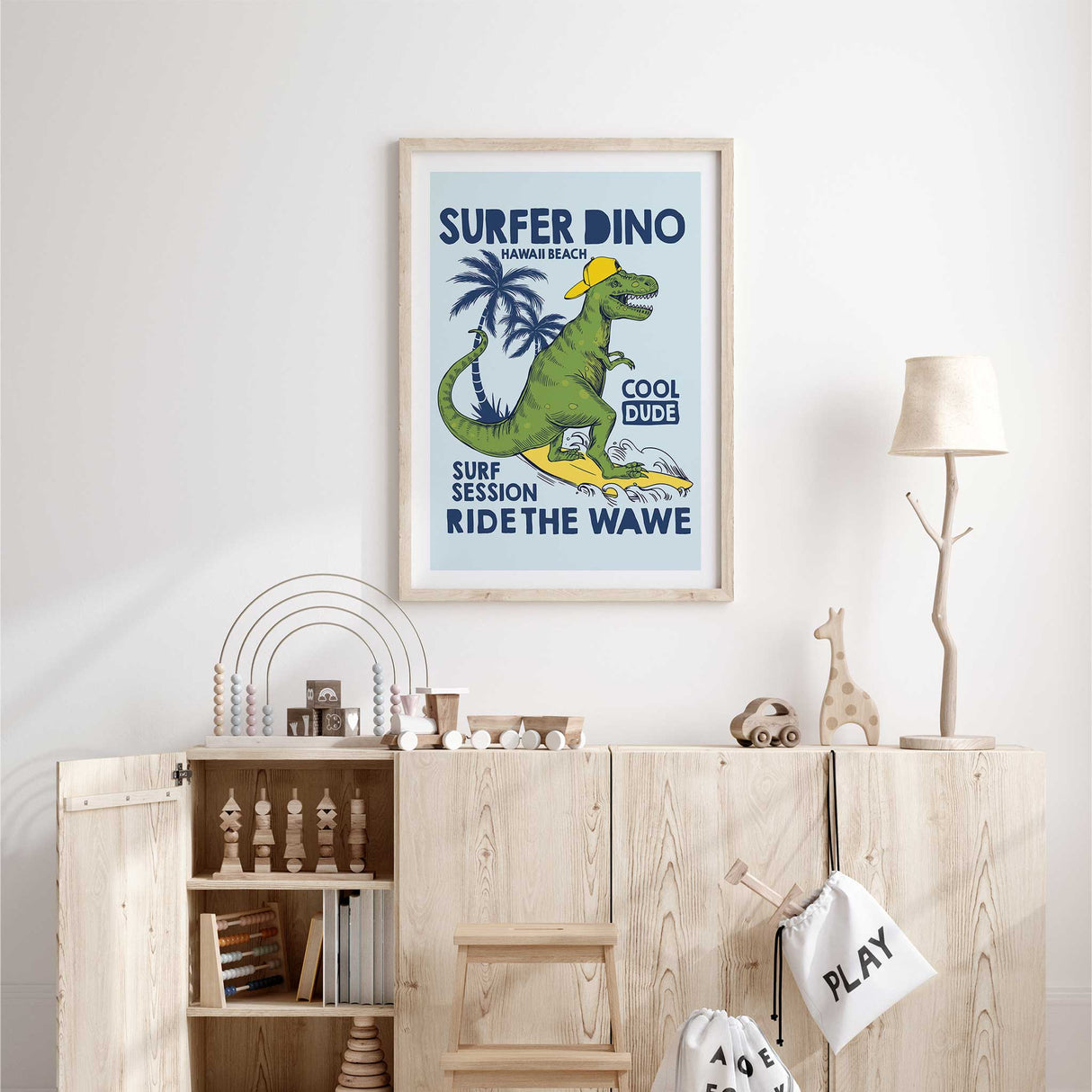 Playful dinosaur surfing poster with white border for kids' room wall art