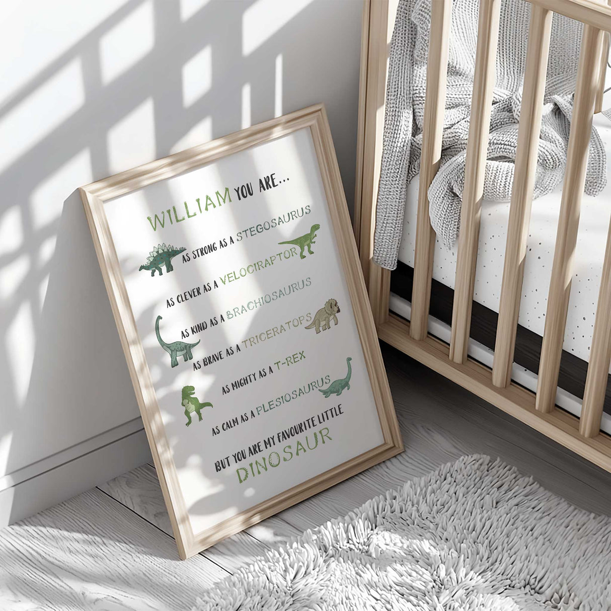 Kids room decor with T-Rex, Stegosaurus, and other dinosaurs in earthy, gender-neutral colours.