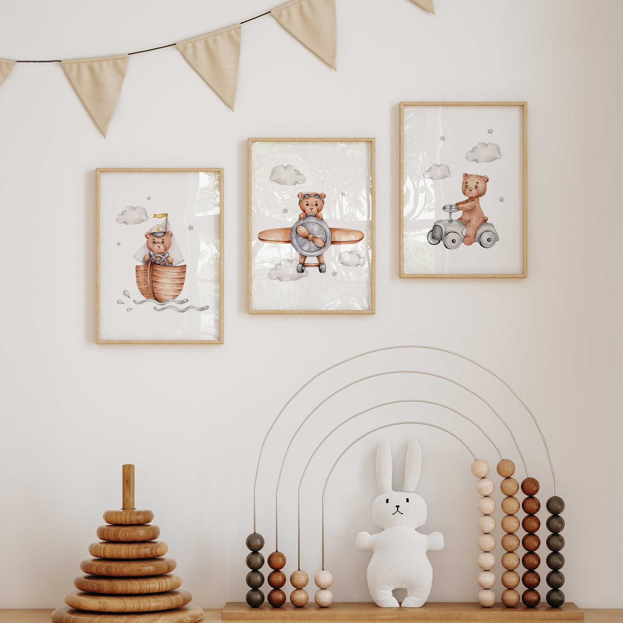 Set of 3 teddy bear adventure prints – boat, plane, and car nursery wall art