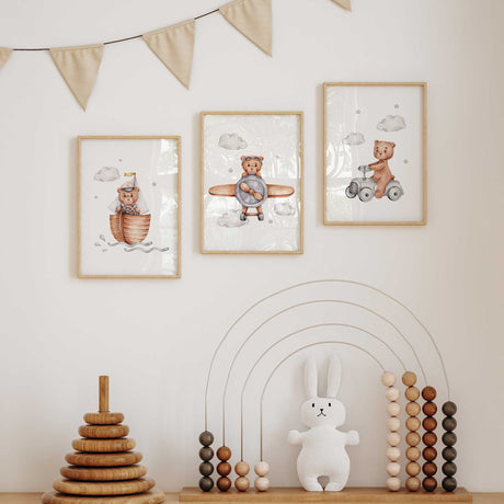 Set of 3 teddy bear adventure prints – boat, plane, and car nursery wall art