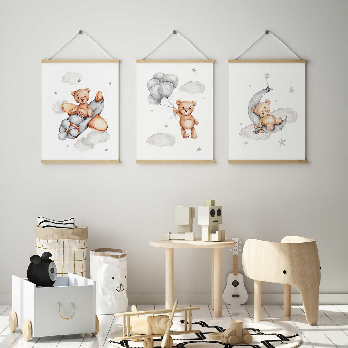 Teddy bear flying vintage airplane – adventure-themed nursery print for baby boys