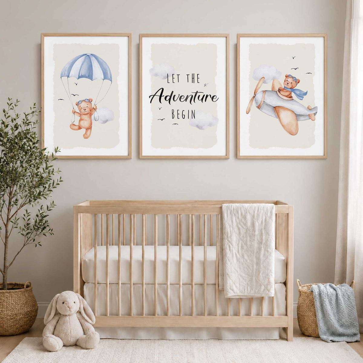 Teddy bear aviation print trio with a blue parachute, a plane with a blue-scarved bear and Let the Adventure Begin wording.
