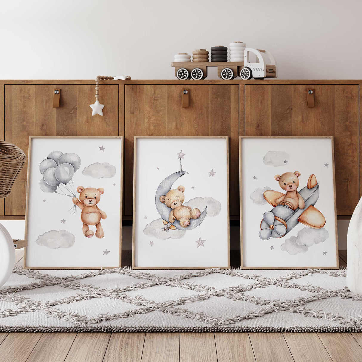 Watercolor teddy bear floating with balloons – baby boy nursery wall art print