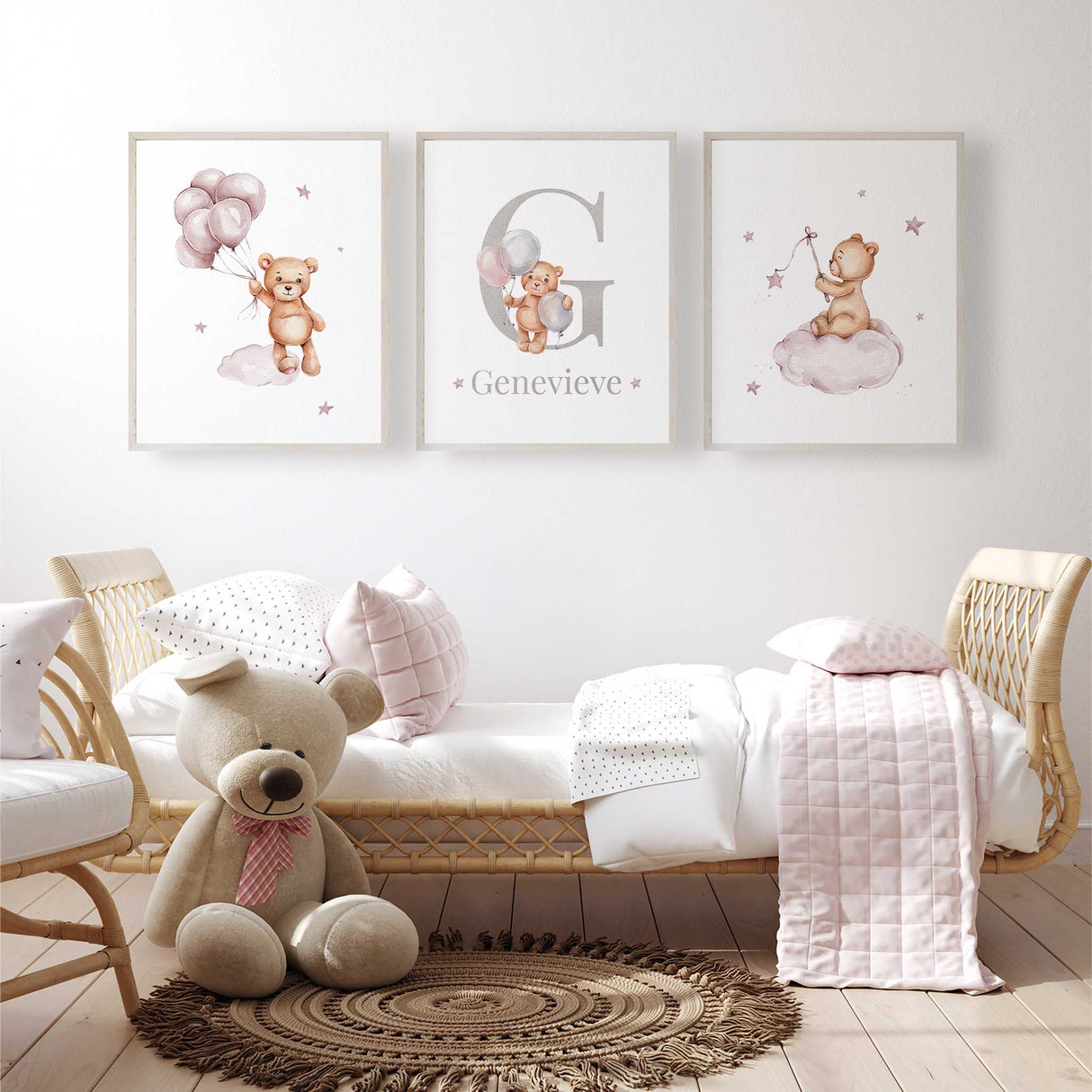 Teddy bear balloon nursery wall art with soft pink details for a baby room