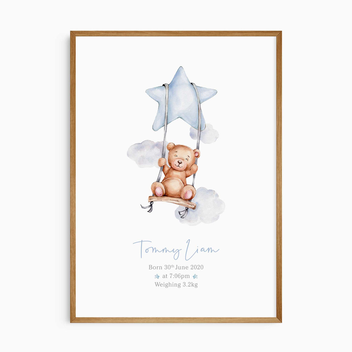 Custom teddy bear nursery wall art with pastel clouds and hanging star