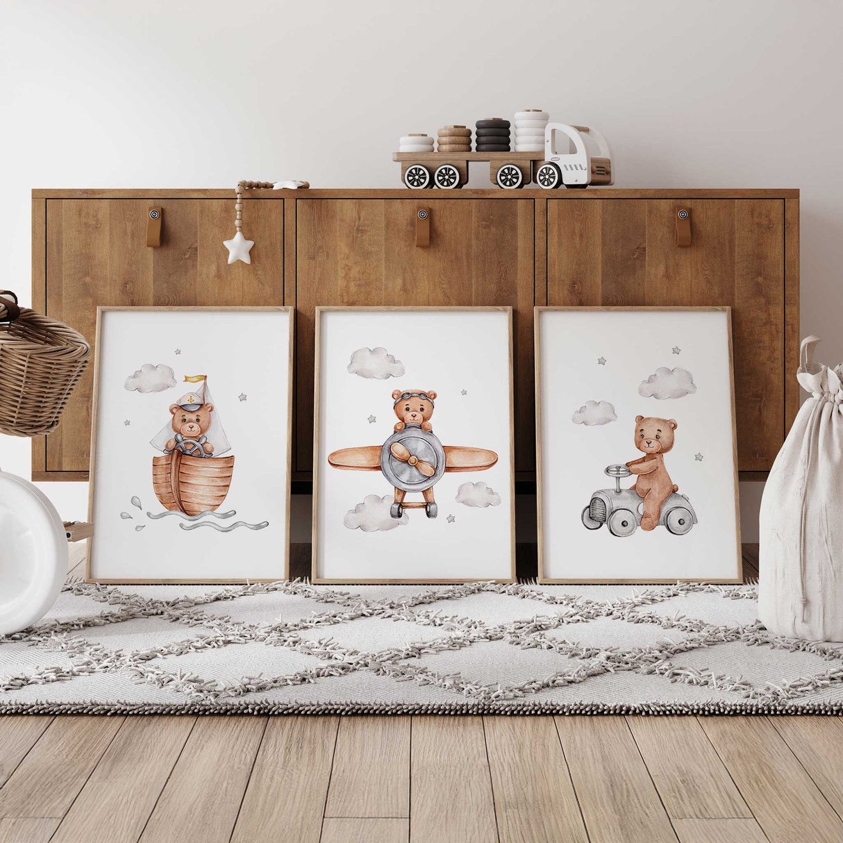 Watercolour teddy bear in a boat nursery print with clouds, neutral tones boys room wall art