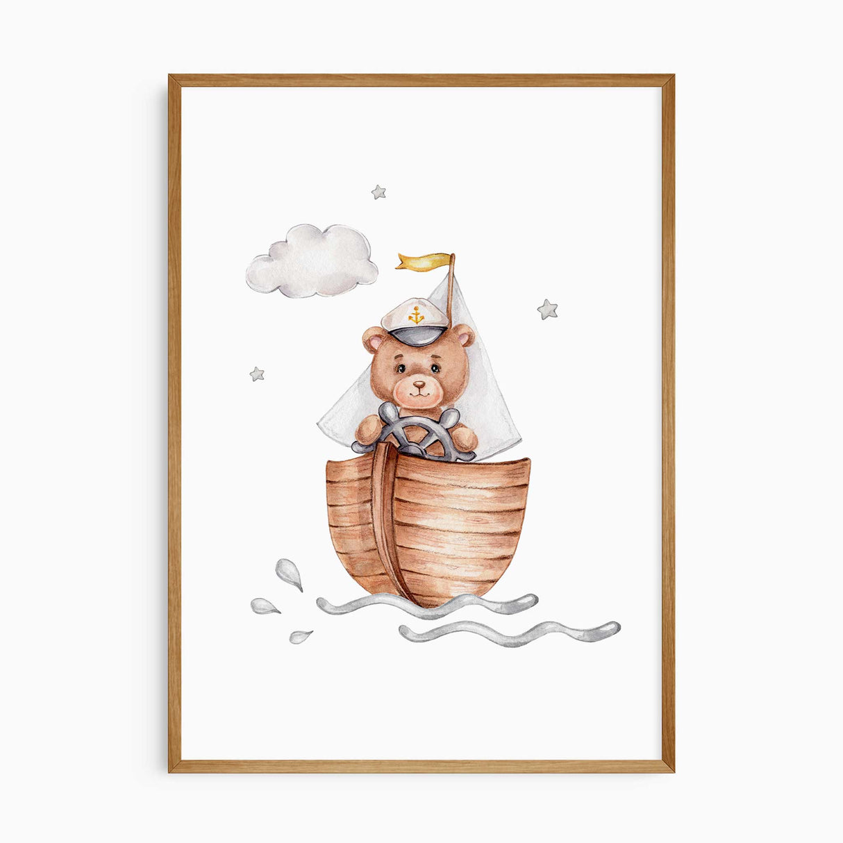 Watercolour teddy bear sailing in a wooden boat nursery print, whimsical boys wall art with clouds and neutral tones