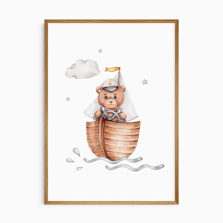 Watercolour teddy bear sailing in a wooden boat nursery print, whimsical boys wall art with clouds and neutral tones