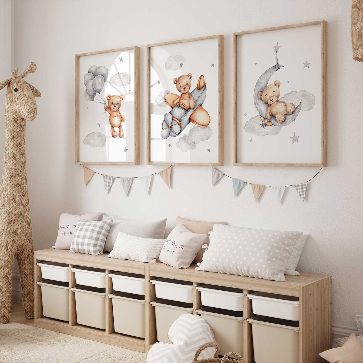 Teddy bear nursery wall art set of 3 – perfect for baby boy bedroom or playroom