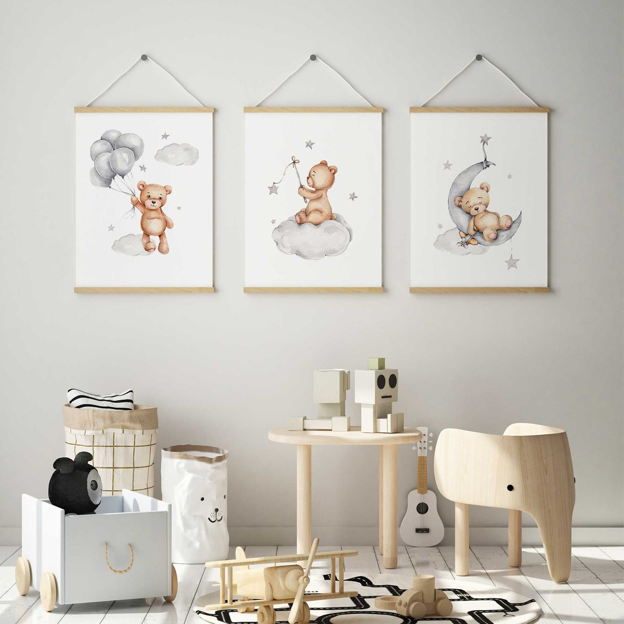 Set of 3 teddy bear boys nursery prints featuring a bear with balloons, a bear on the moon and a bear on a cloud with stars