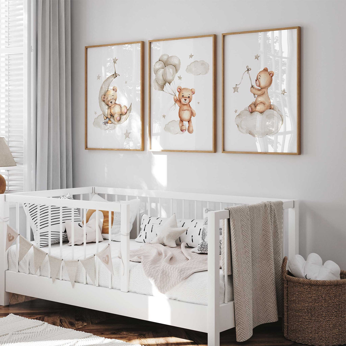 Watercolour teddy bear on moon and cloud with stars, neutral baby nursery wall art set.