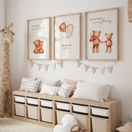 Set of three teddy bear nursery prints with sentimental quotes in soft neutral tones.