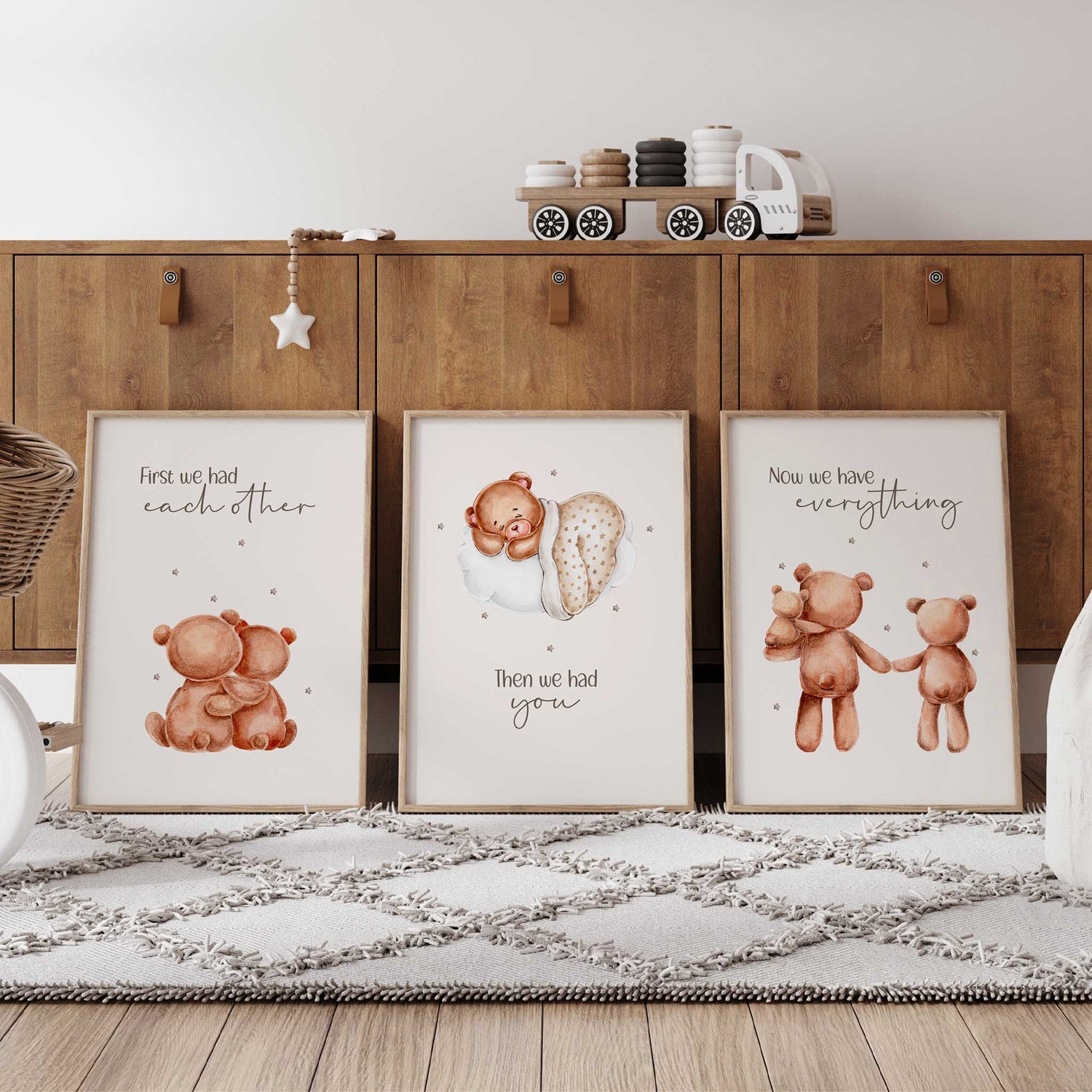 Neutral teddy bear wall art set ideal for baby nursery or a heartfelt baby shower gift.