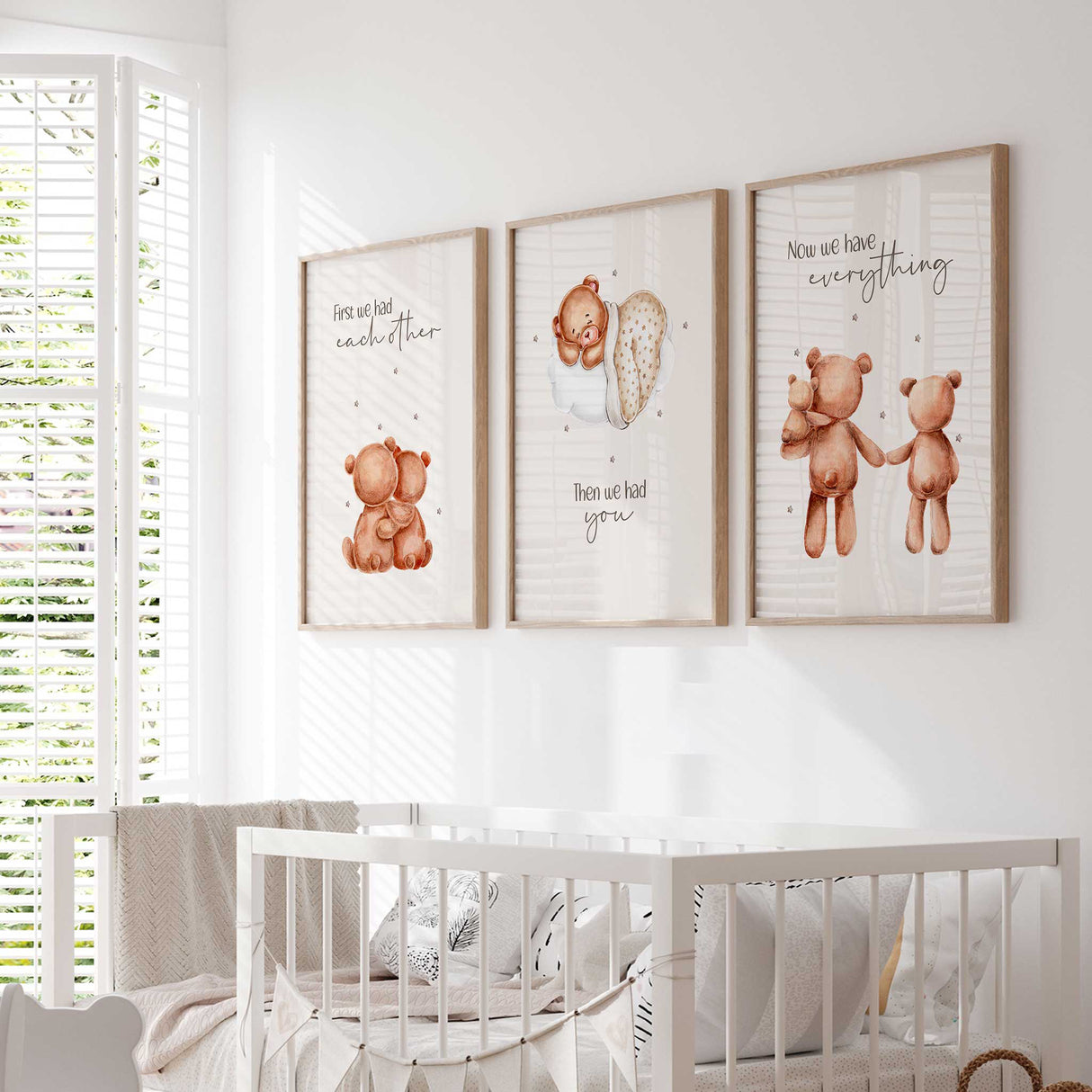 Heartwarming teddy bear family print set of 3 with emotional quotes, perfect for baby’s room.