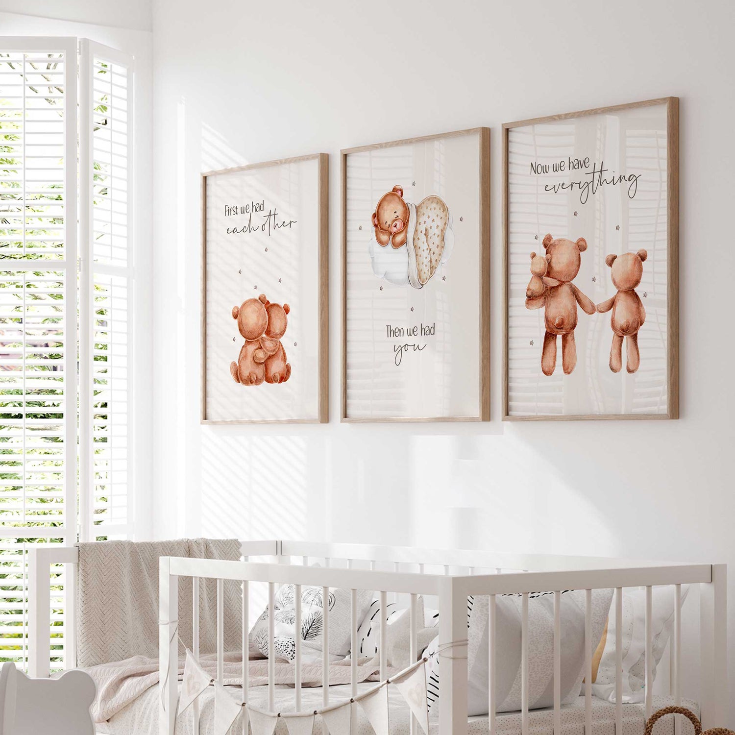 Heartwarming teddy bear family print set of 3 with emotional quotes, perfect for baby’s room.