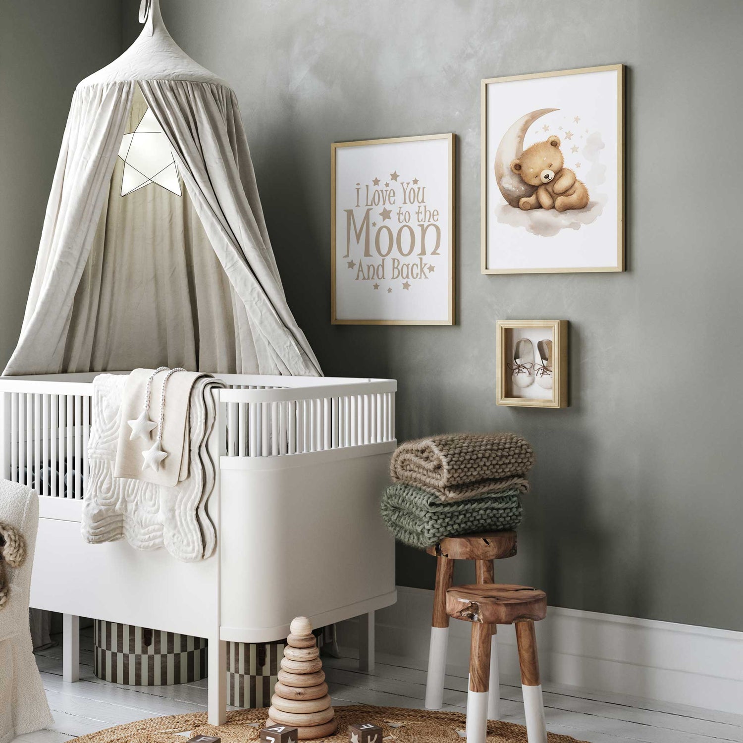 Adorable teddy bear nursery print with moon and stars, perfect for neutral baby room decor and bedtime wall art.