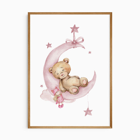 Sleepy teddy bear on moon nursery print, calming decor for baby room.