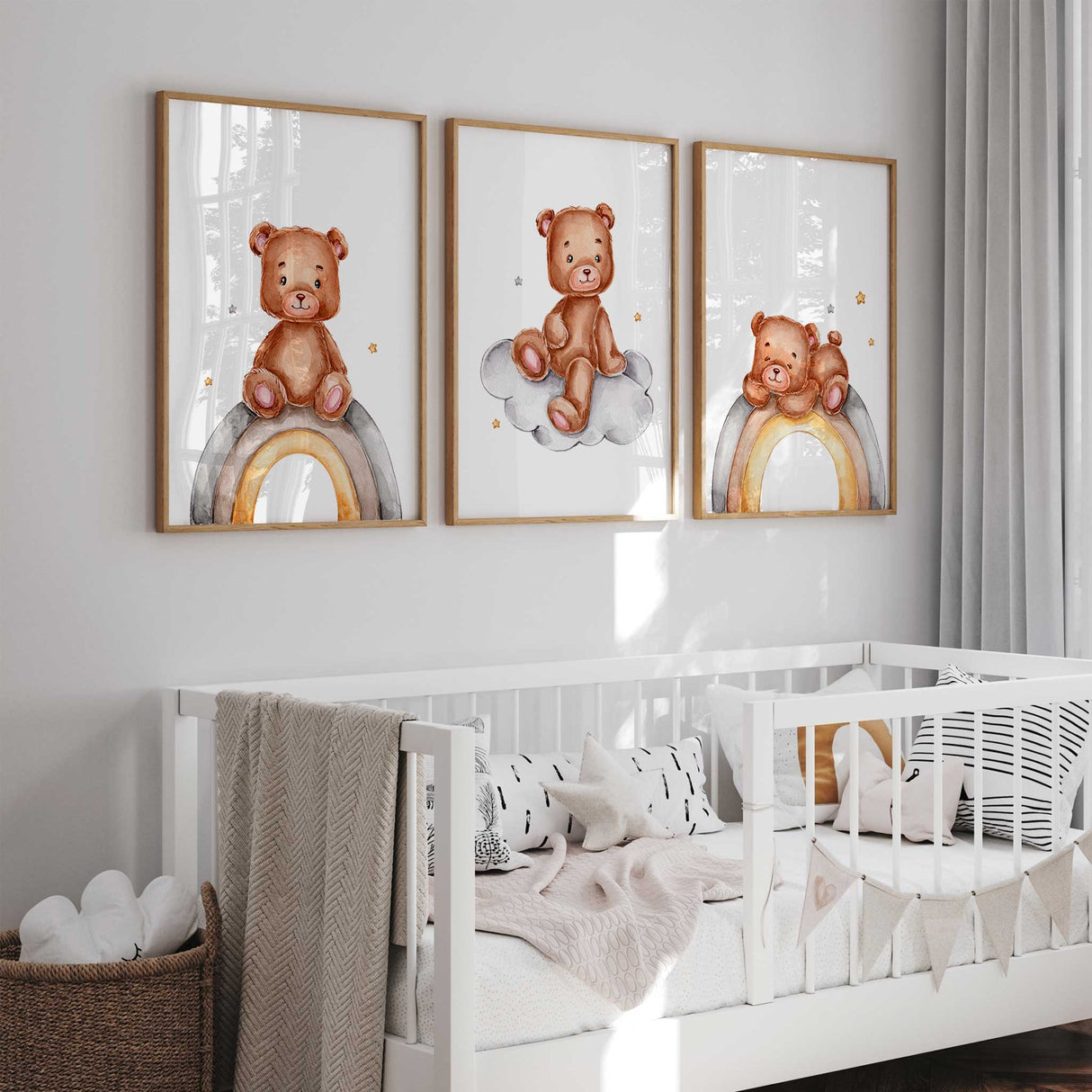 Neutral teddy bear nursery wall art set with soft rainbow tones