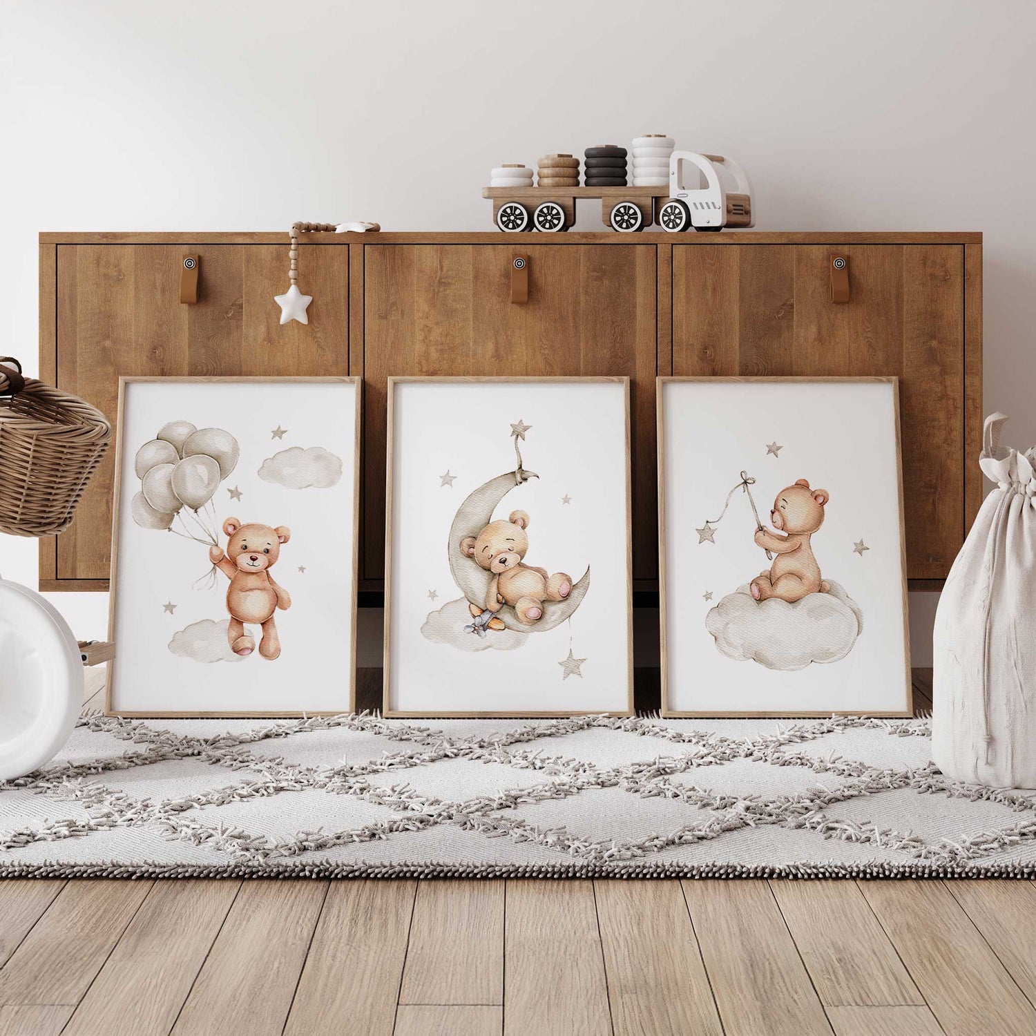 Set of 3 teddy bear prints with balloon, moon, and cloud designs for nurseries.