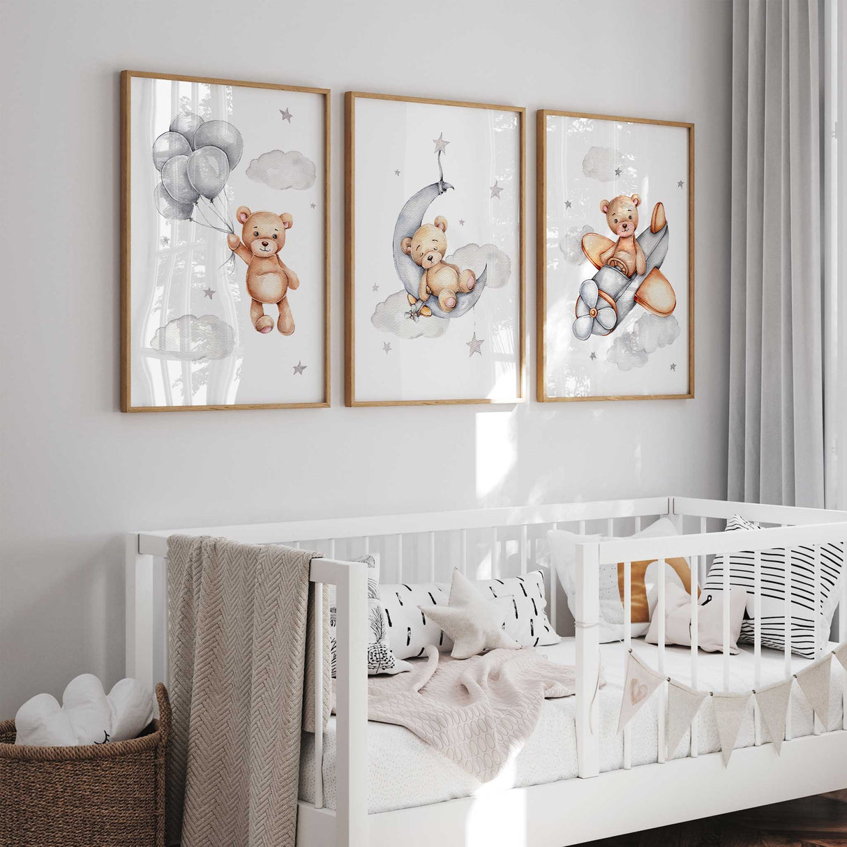Set of teddy bear prints with balloon, moon, and airplane – baby boy nursery decor