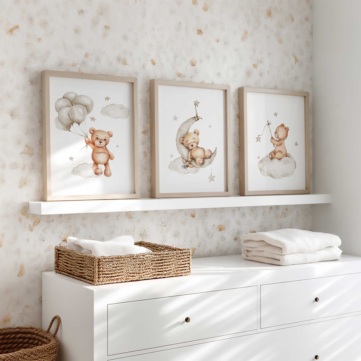 set of three teddy bear nursery prints with balloons moon and stars in neutral baby room decor