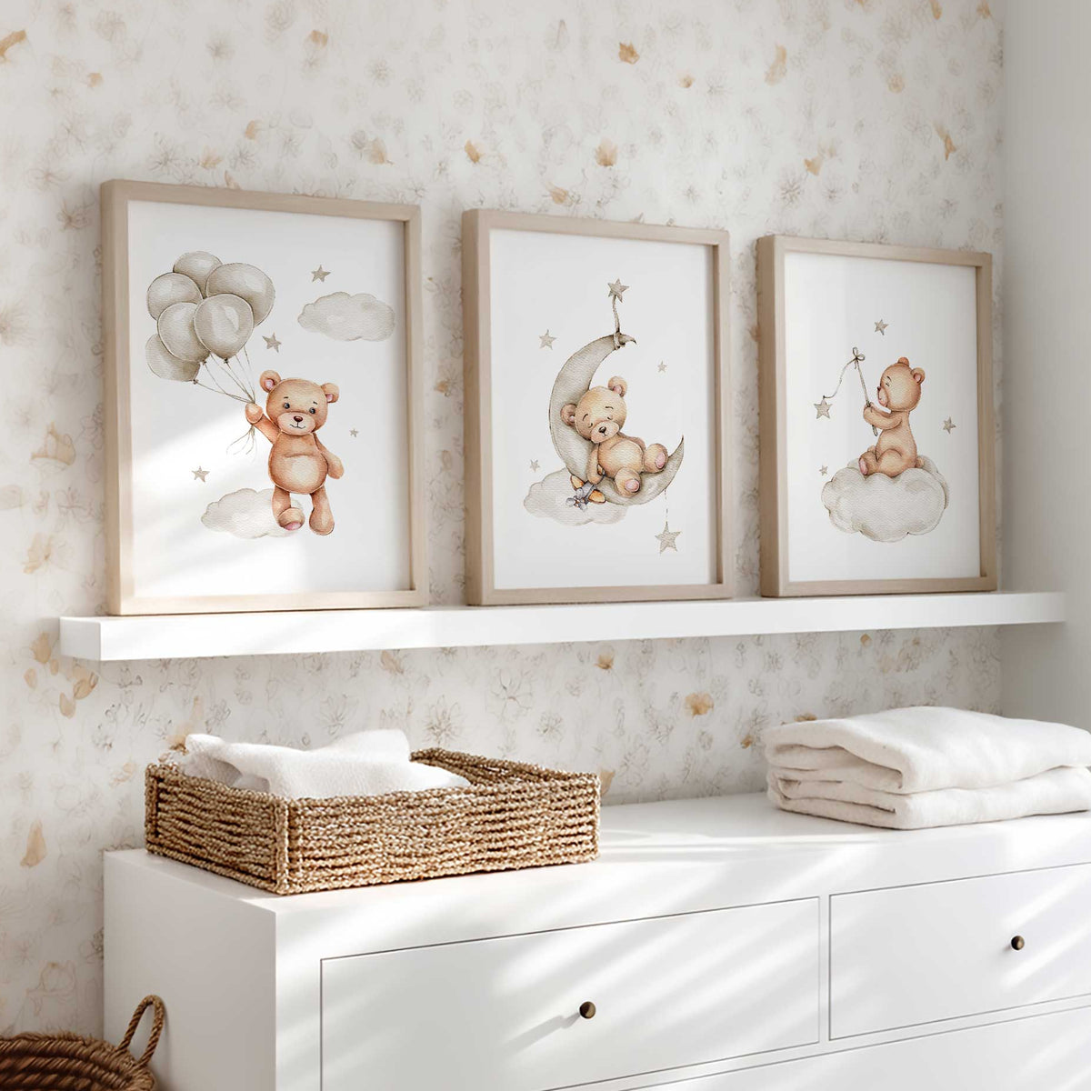 set of three teddy bear nursery prints with balloons moon and stars in neutral baby room decor