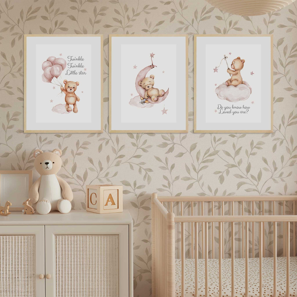 Teddy bear nursery prints in blush and beige tones for girls bedroom wall art.