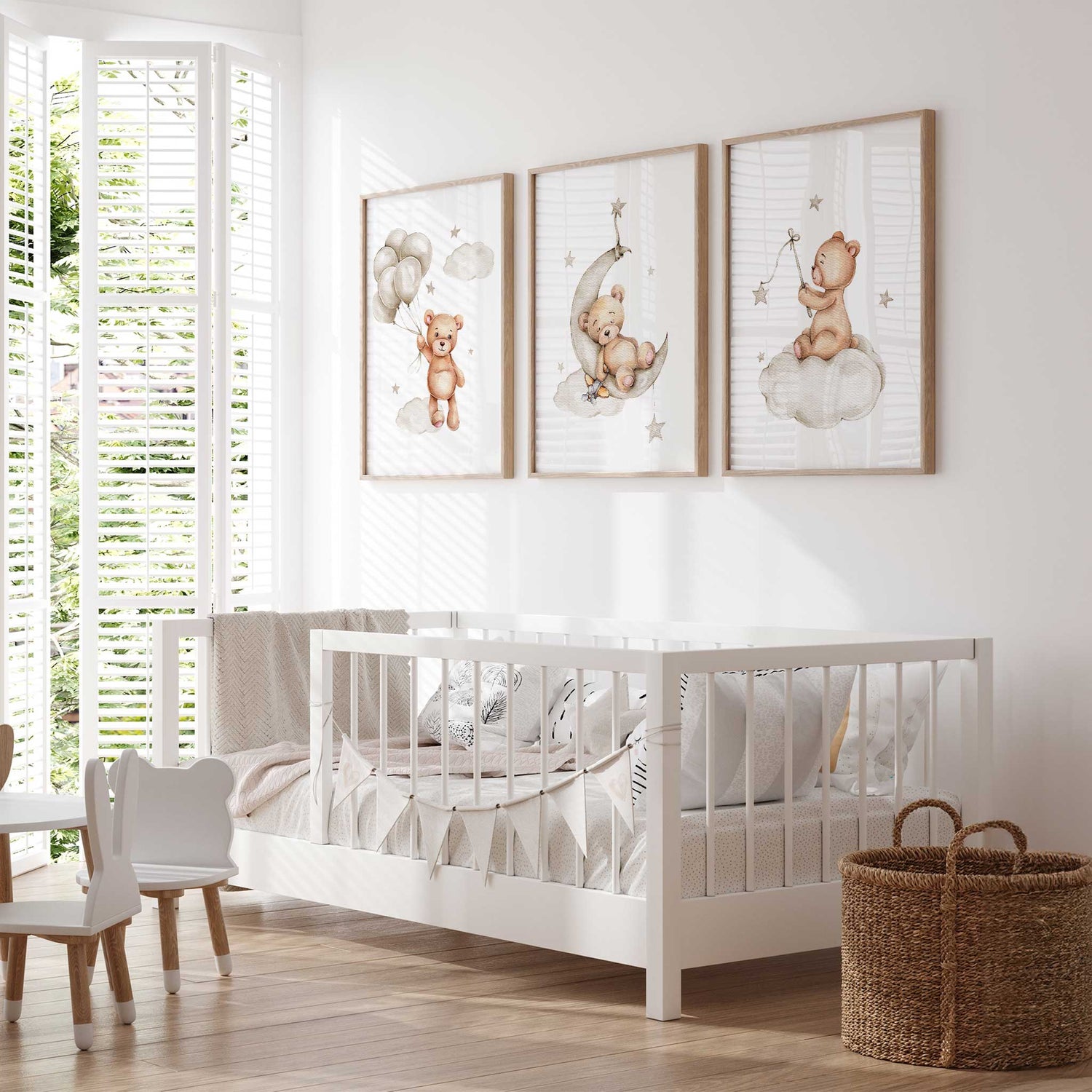 Set of 3 teddy bear nursery prints featuring bears with balloons, moon, and stars on clouds in soft neutral tones for baby rooms.
