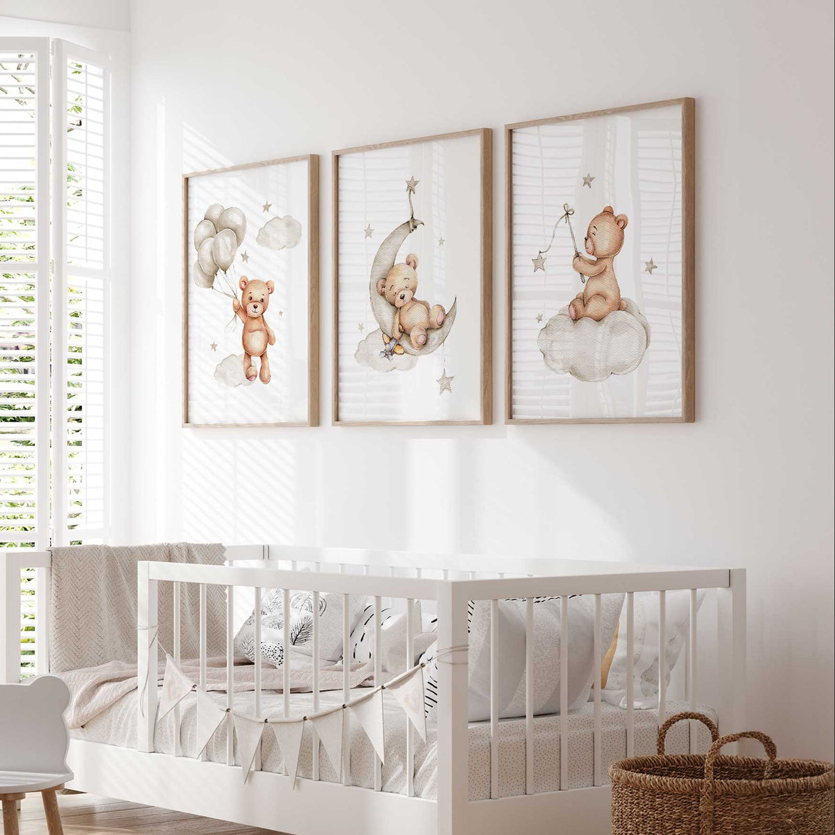 Set of 3 teddy bear nursery prints featuring bears with balloons, moon, and stars on clouds in soft neutral tones for baby rooms.