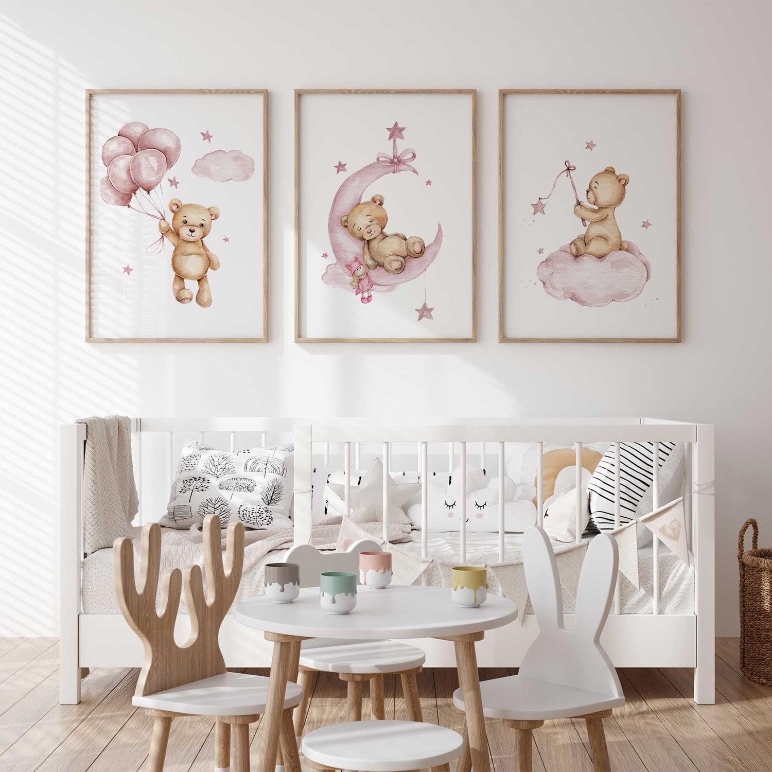 Cute teddy bear nursery print holding balloons, pastel pink baby room decor.