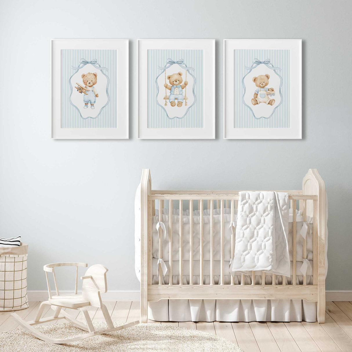 Teddy bear nursery wall art set in soft blue with striped background for a baby boy room