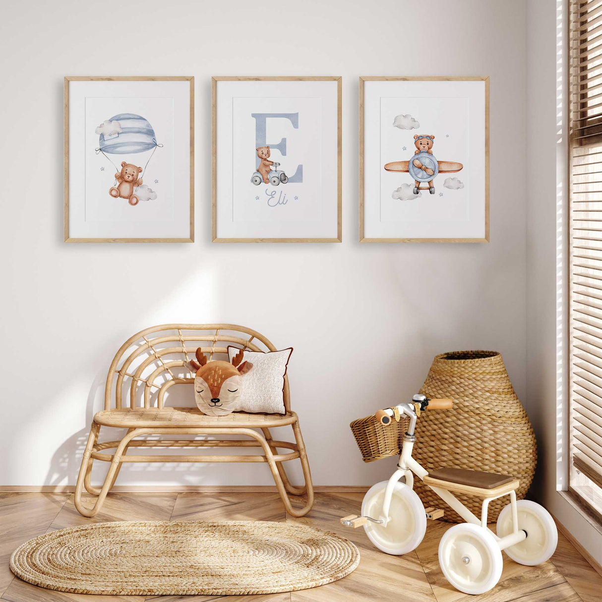 Blue teddy bear nursery wall art set featuring three coordinating prints: a bear flying an airplane, a bear with a striped blue parachute, and a personalised initial name print with clouds and stars. Ideal for boys’ nursery or kids’ bedroom décor. Available in multiple standard print sizes to suit both Australian and international frames