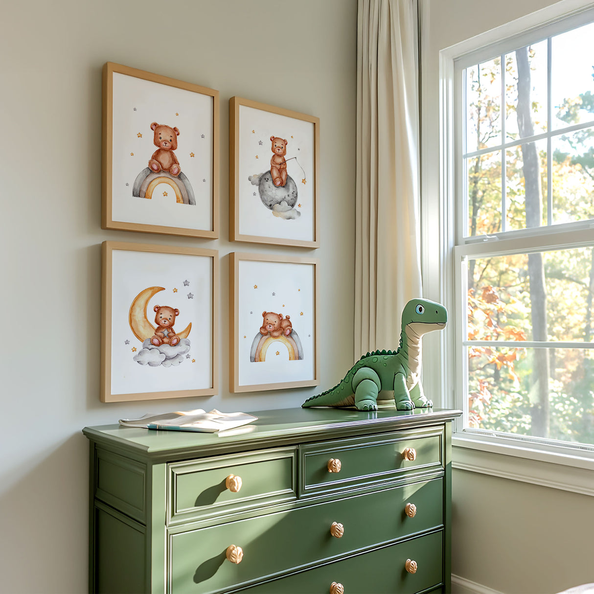 Teddy bear sitting on a grey planet nursery wall art with clouds and stars