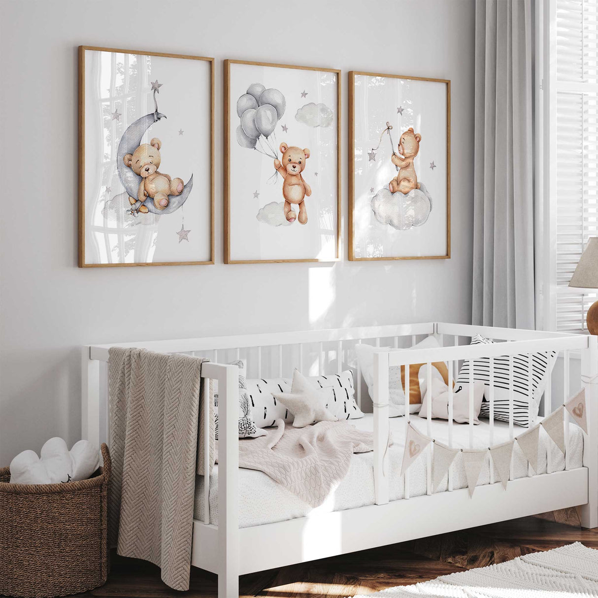 Teddy bear holding a toy plane on a crescent moon nursery wall art print for boys bedroom decor