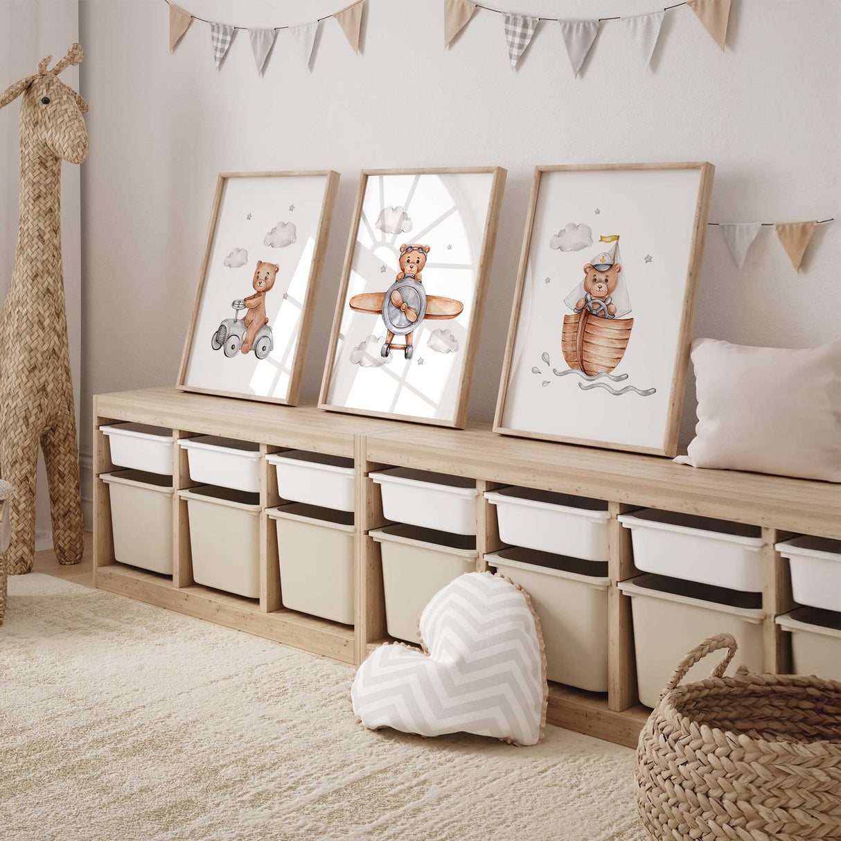 Teddy bear flying a plane wall art print, soft watercolour nursery décor for boys bedroom