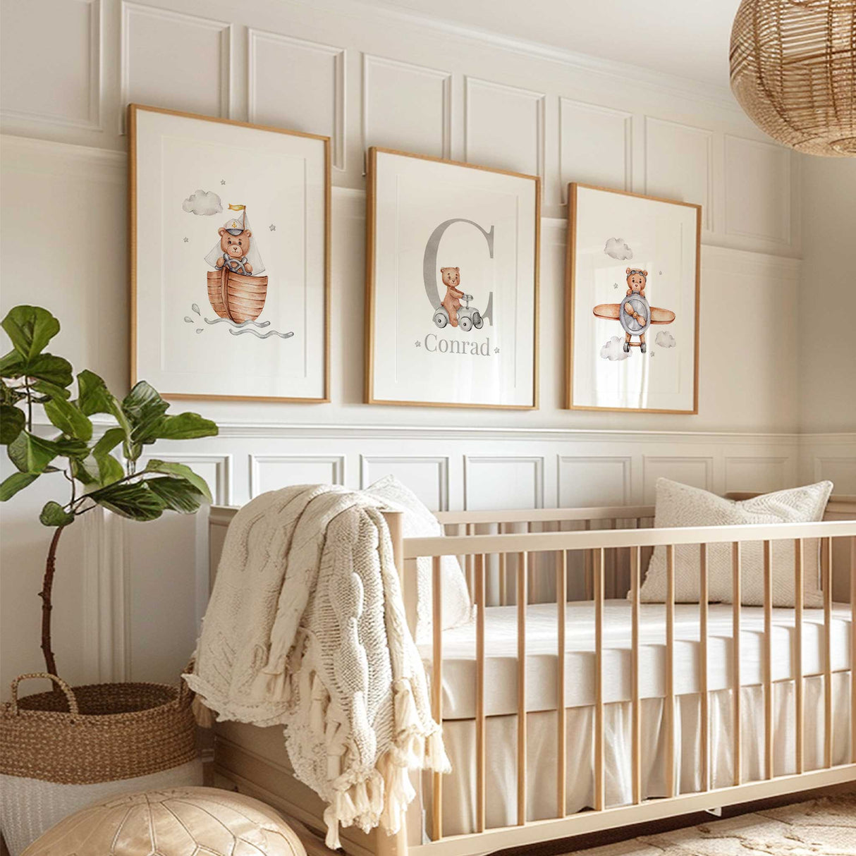 Watercolour teddy bear prints featuring plane, car, and boat, designed for personalised boys’ nursery decoration.