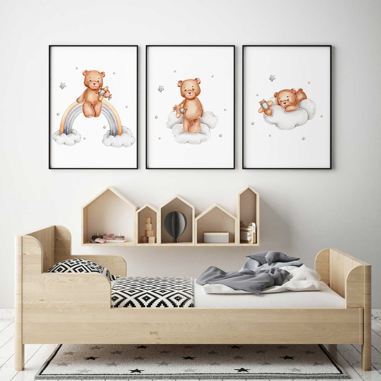 Teddy bear rainbow airplane nursery decor set in soft neutral colours