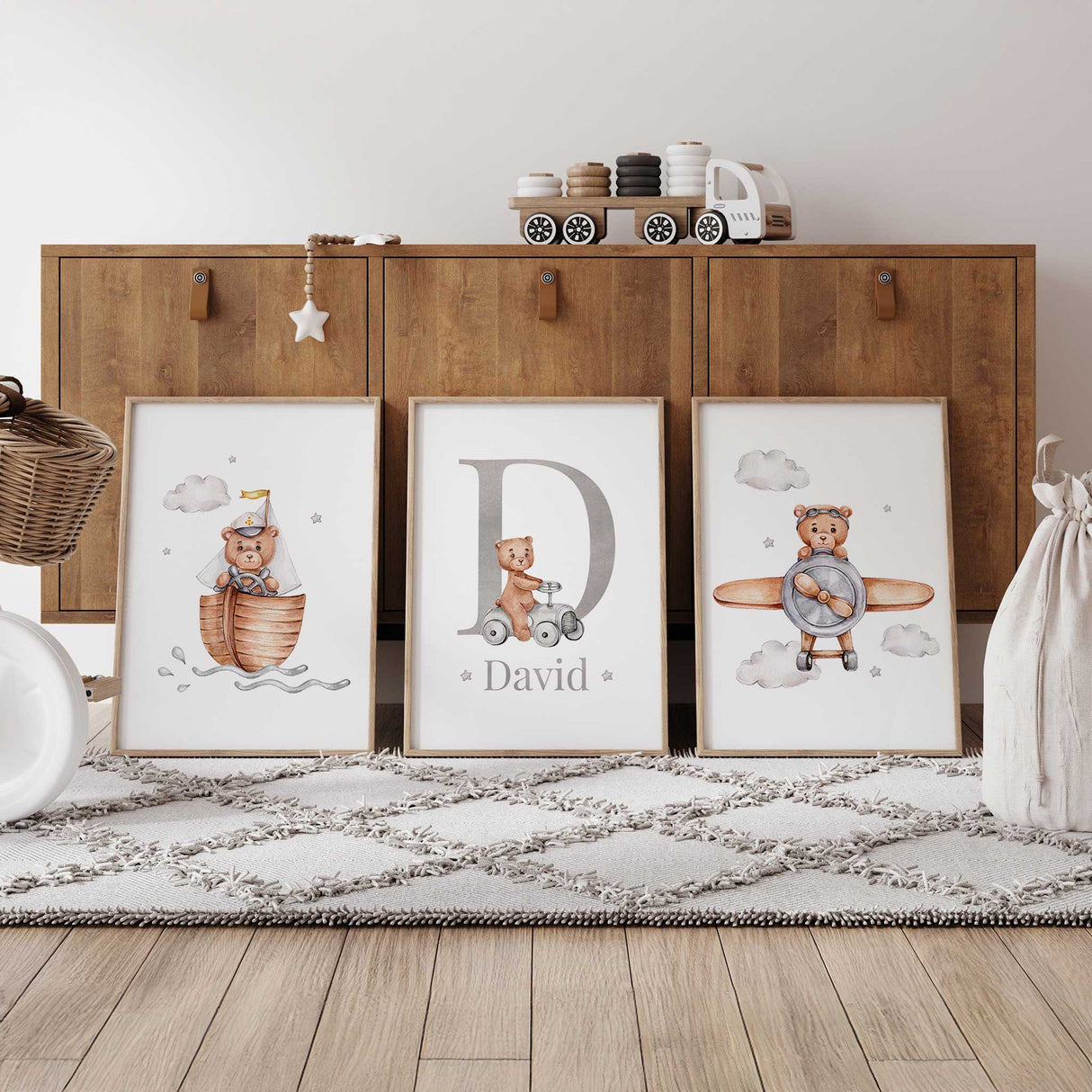 Set of 3 nursery prints featuring teddy bears in a plane, car, and boat – soft watercolour wall art for boys' bedrooms or baby nursery.
