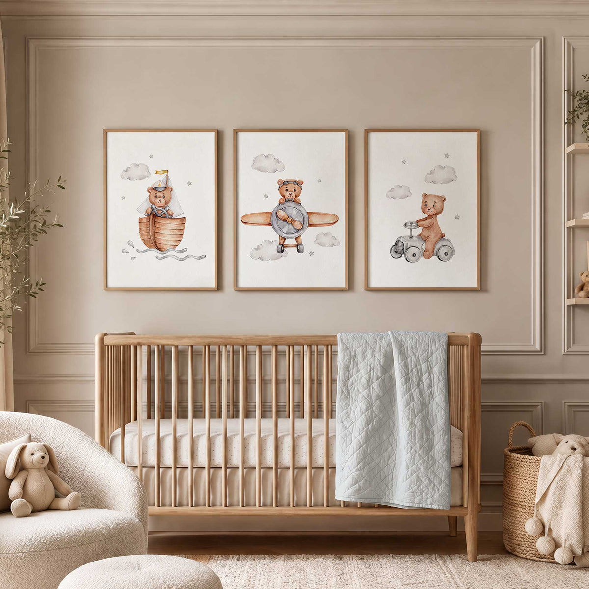 Teddy bear wall art set displayed in a soft grey boys nursery with car, plane and boat prints