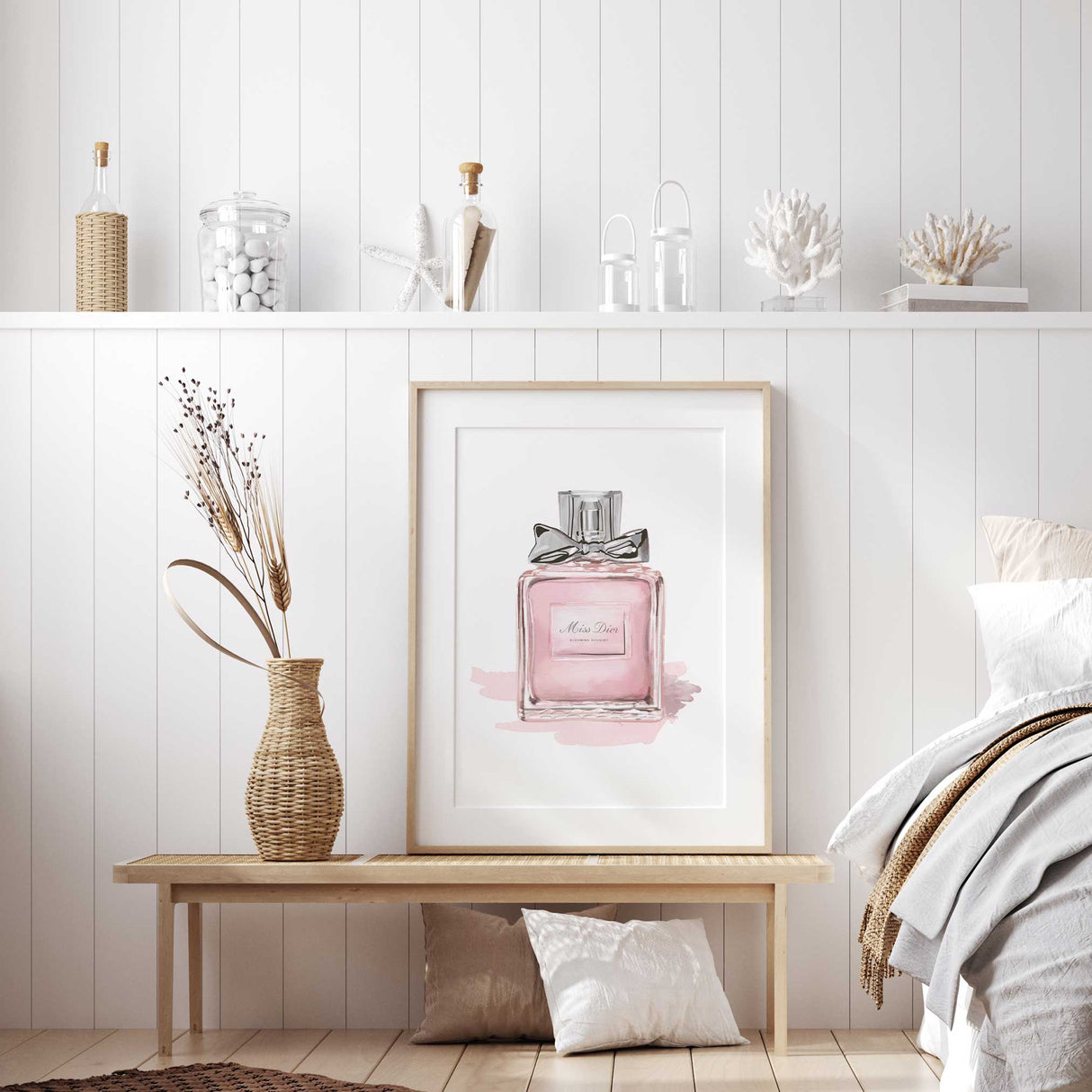 Soft pink perfume bottle illustration for a sophisticated gallery wall look