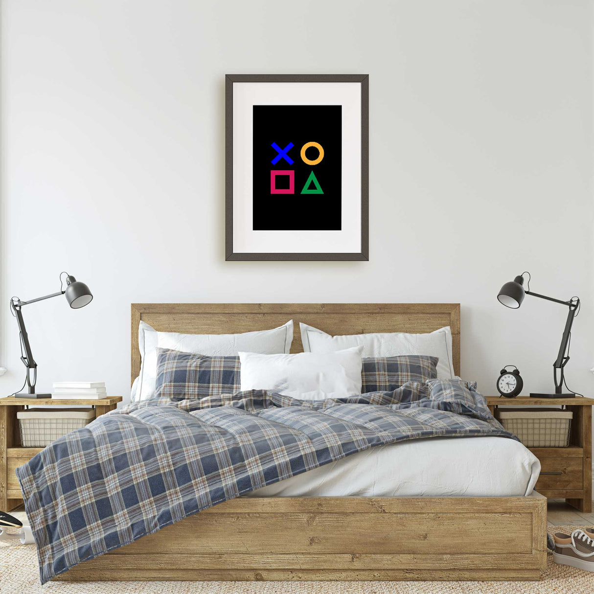 Teen boy gaming room wall decor with bold game symbols