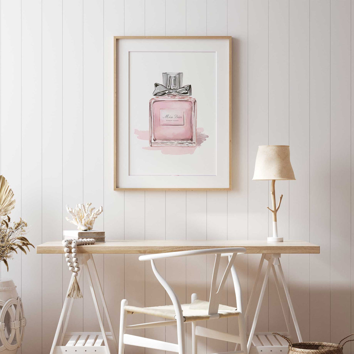 Watercolour style perfume bottle print with delicate pink tones for stylish spaces
