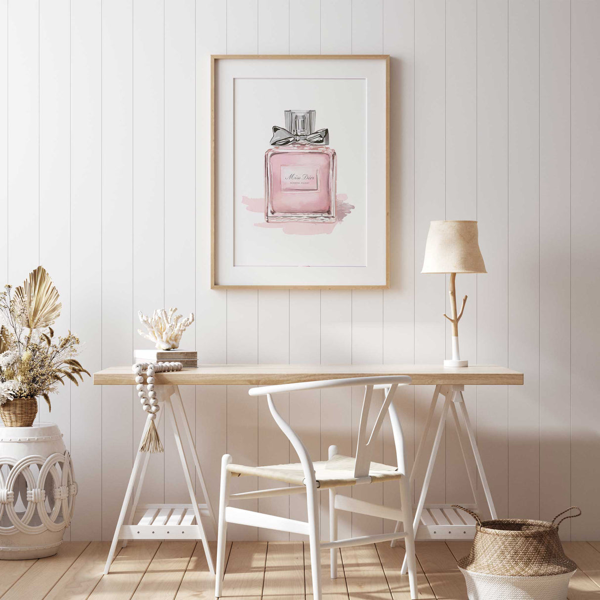 Watercolour style perfume bottle print with delicate pink tones for stylish spaces