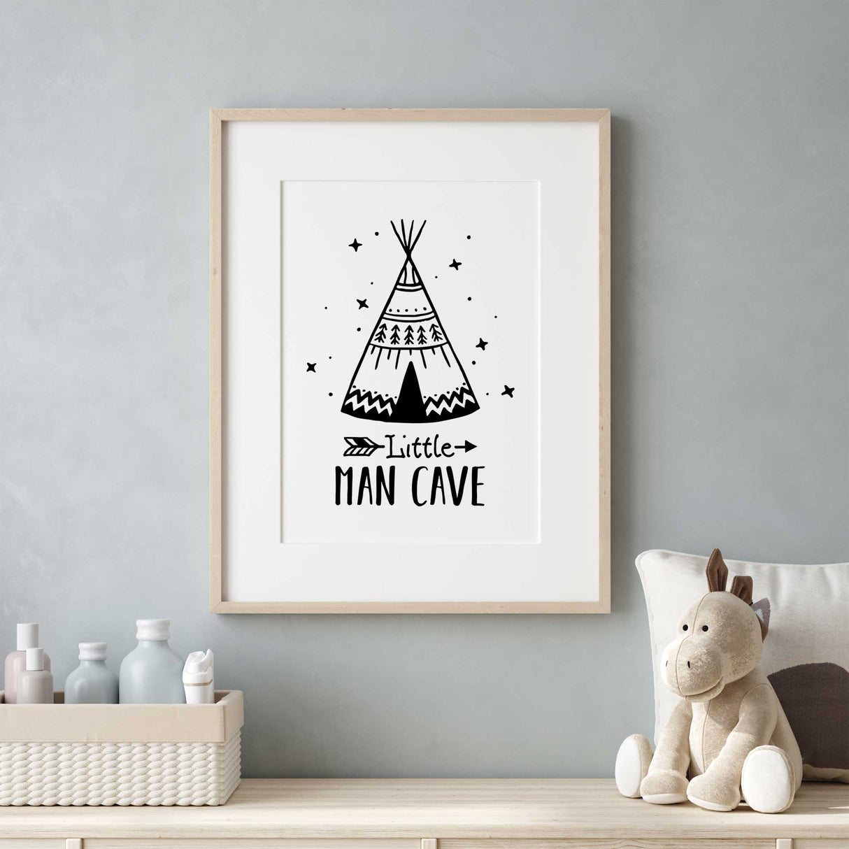 Hand-drawn adventure boys wall art featuring teepee and stars