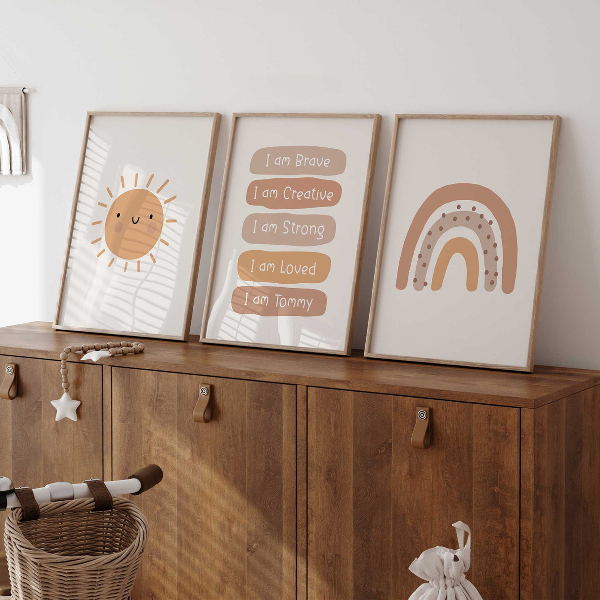 Terracotta kids wall art set with affirmations and rainbow