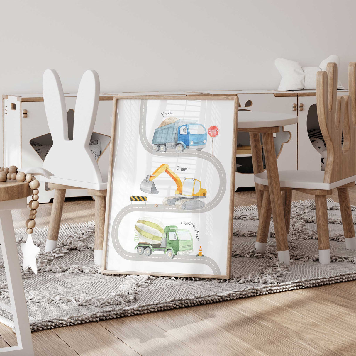 Toddler construction wall art print with truck digger and concrete mixer on road