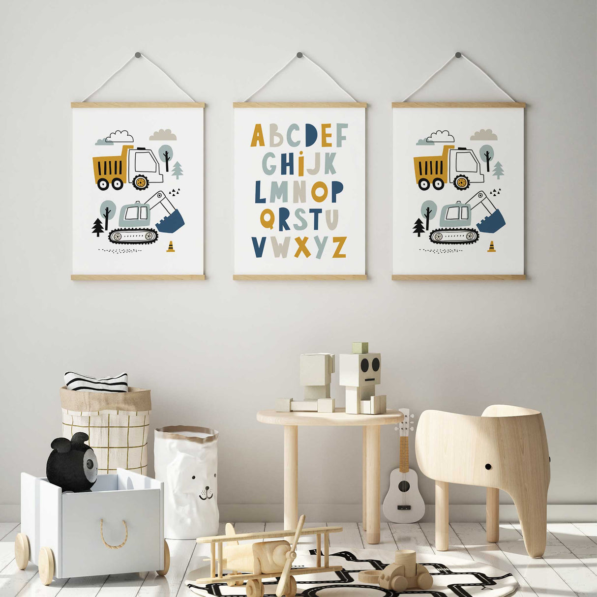 Toddler construction wall art with trucks and machinery