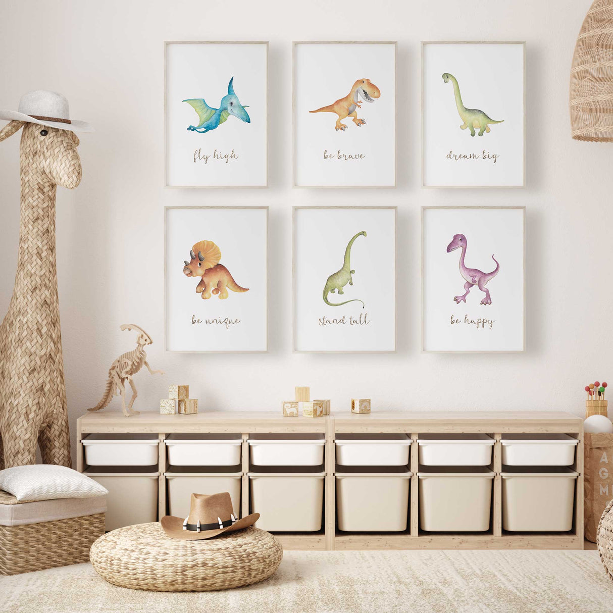 Set of 6 dinosaur prints with motivational quotes for kids decor