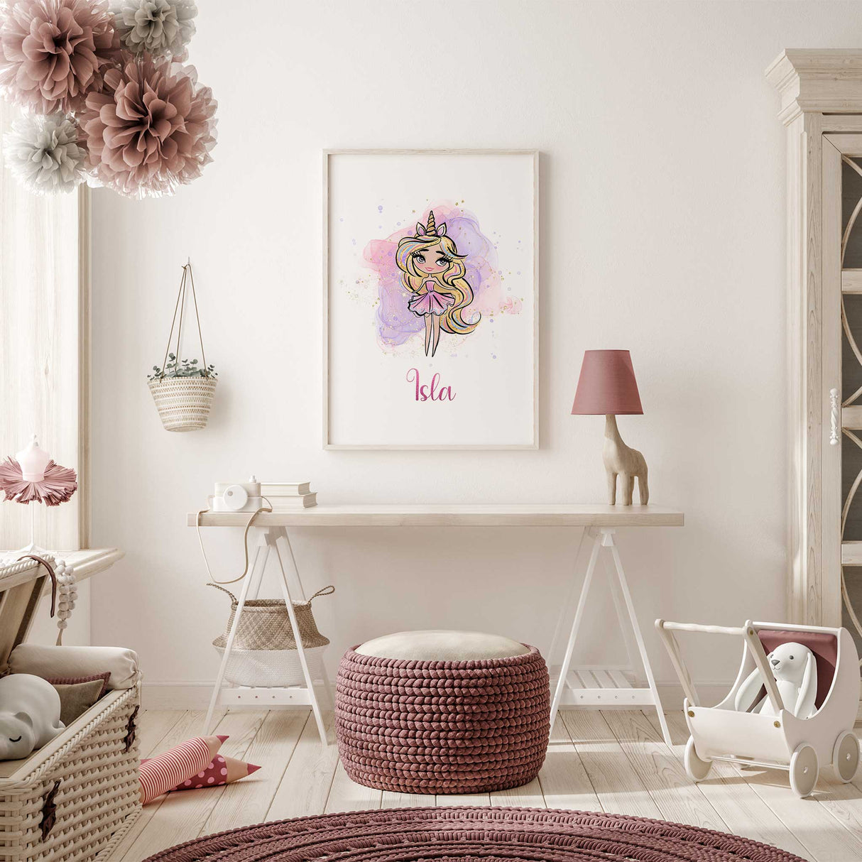 Pastel unicorn girl illustration for personalised children's decor