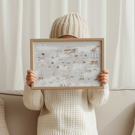 Illustrated adventure world map for kids featuring animals and whimsical designs